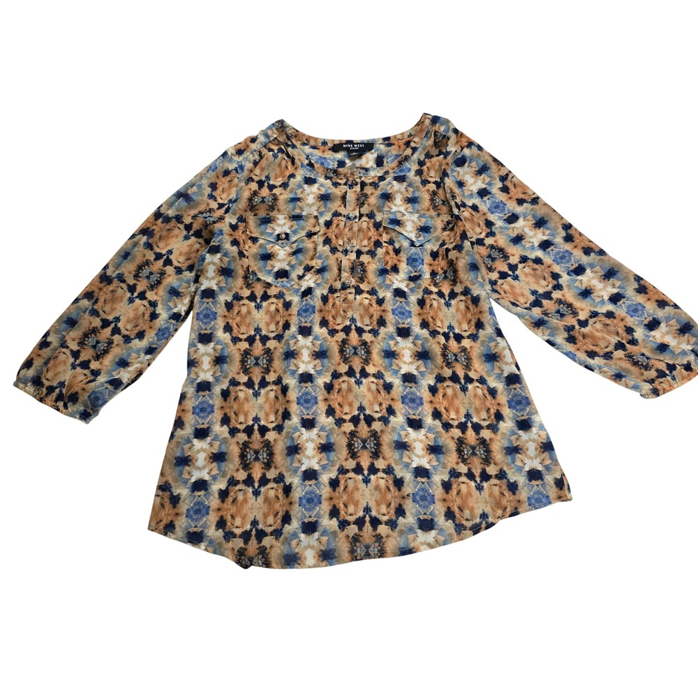 Nine West Jeans Blouse Women Small Blue Tan Abstract Geometric 3/4‎ Sleeve